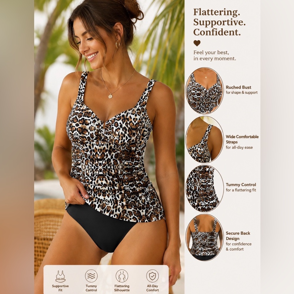 NWT Leopard Pring Tankini / Tummy Control Supportive Swim Top / Size Medium